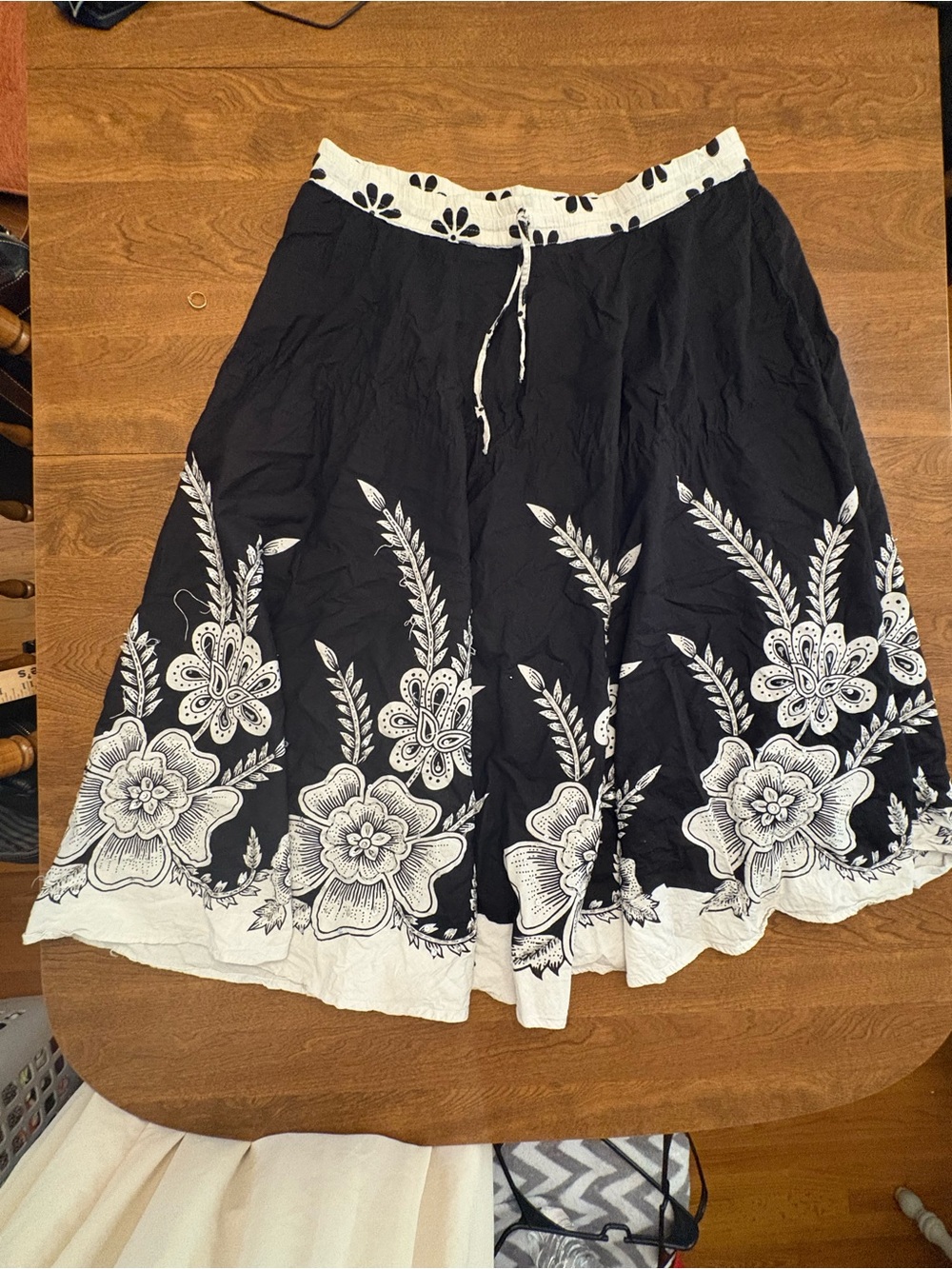 Xpress Black Skirt with White Floral Border and Drawstring Waist